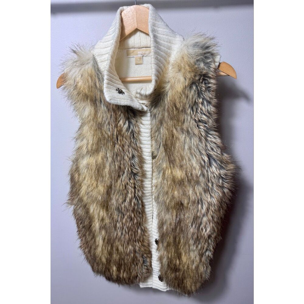 Women MICHAEL Michael Kors Faux Canadian Fox Fur Sweater Vest Wool Blend Medium